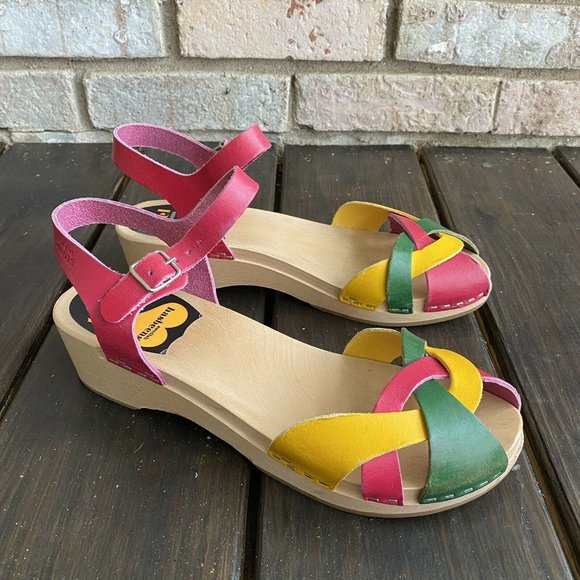 Swedish Hasbeens Shoes - Swedish Hasbeens Toffel Multi Leather Wooden Heel Clog Sandals Size EU 39 US 8.5